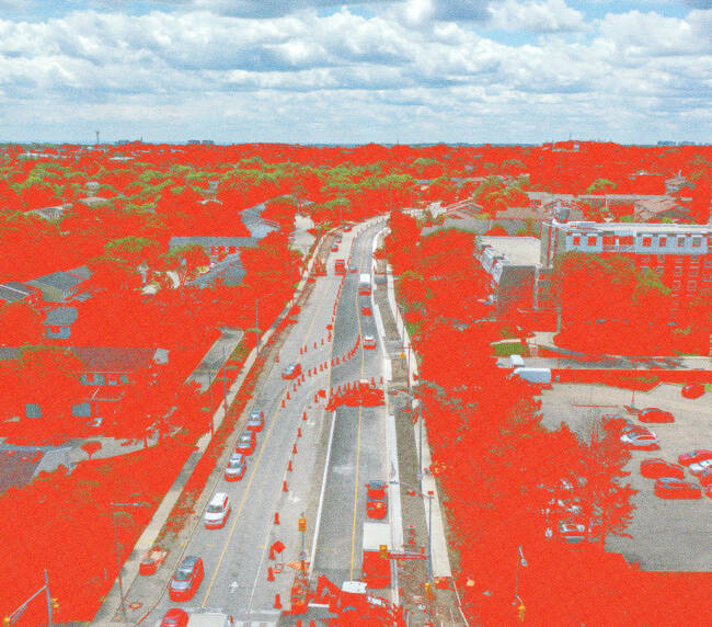 Aerial view of Pave-Al project in Mississauga with colour filters applied to it
