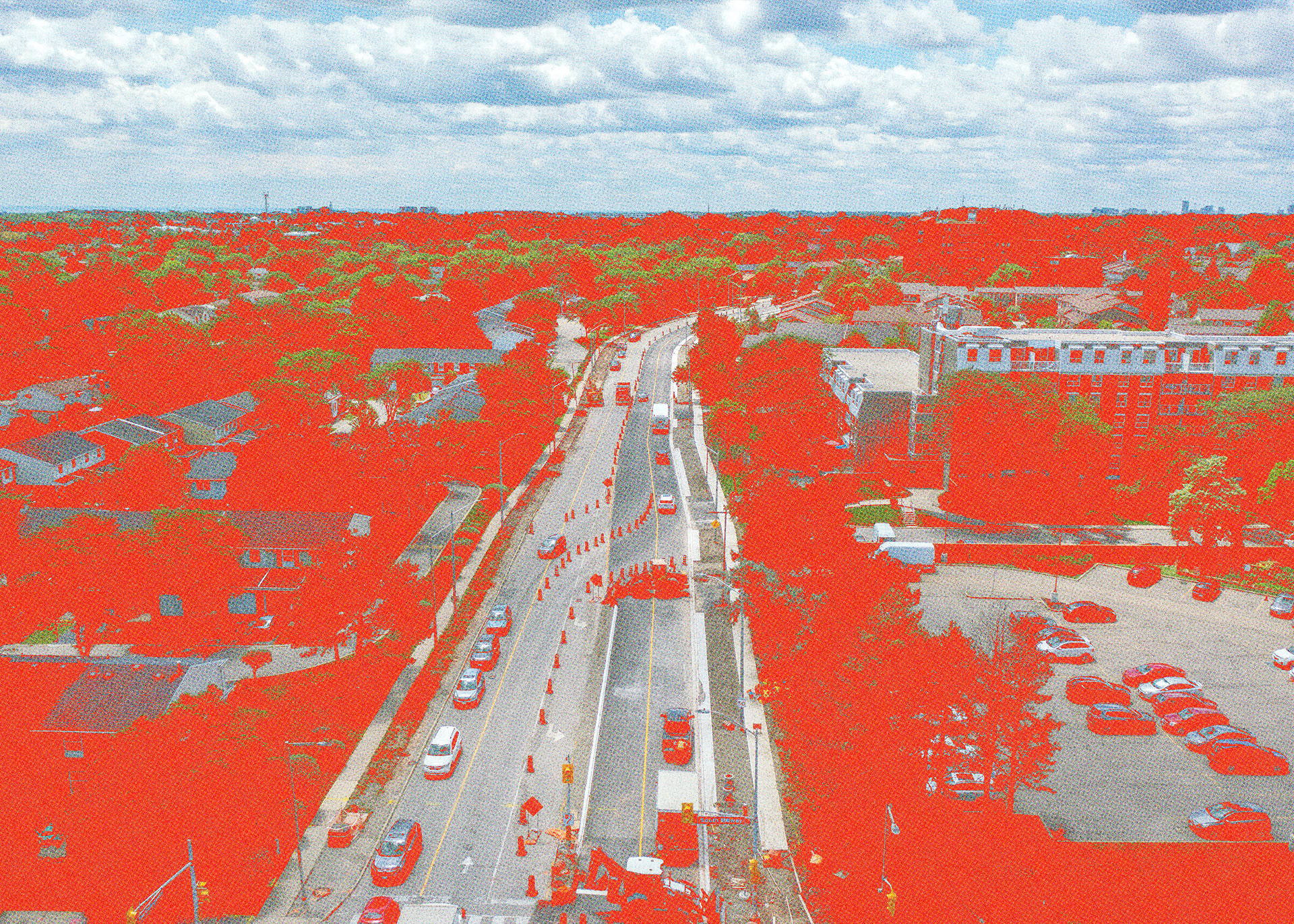 Aerial view of Pave-Al project in Mississauga with colour filters applied to it