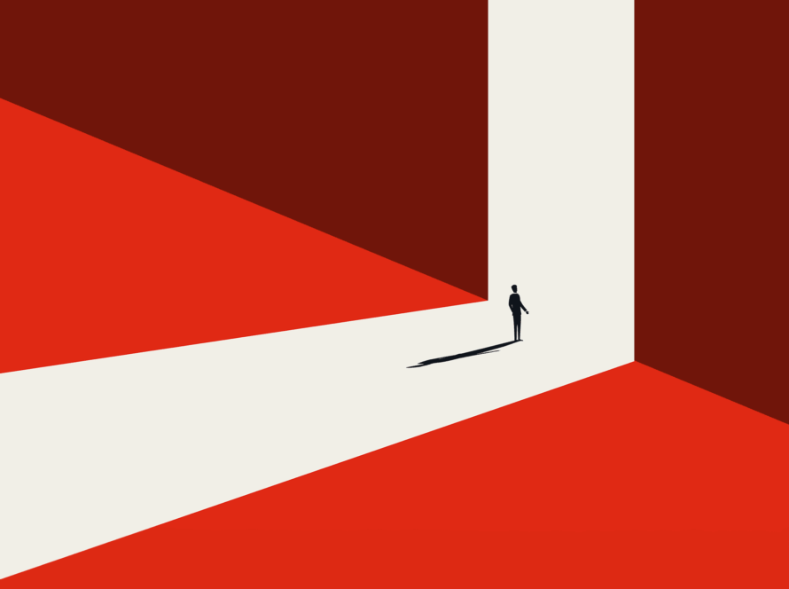 Illustration. Small silhouette of man facing large opening in wall that resembles a door with bright light emitting casting a long shadow