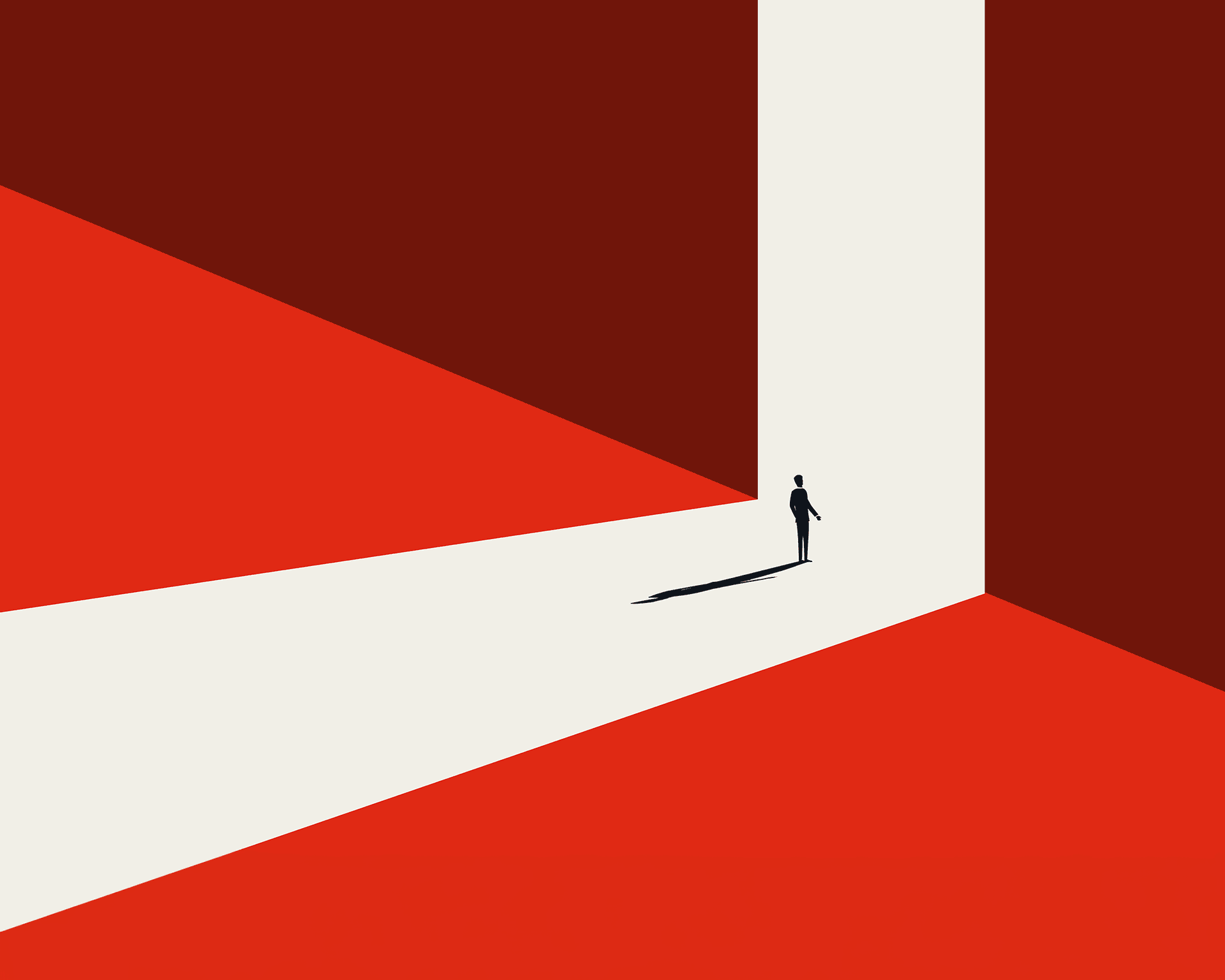 Illustration. Small silhouette of man facing large opening in wall that resembles a door with bright light emitting casting a long shadow
