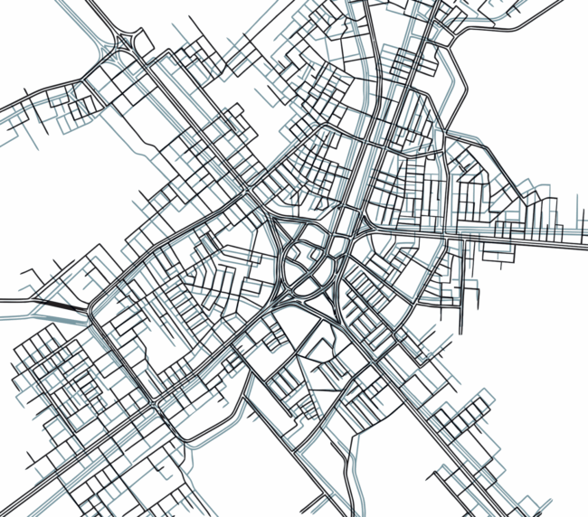 Detailed urban city street map with roads and intersections on a white background