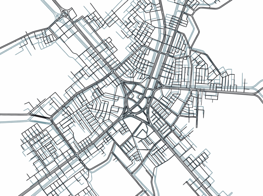 Detailed urban city street map with roads and intersections on a white background