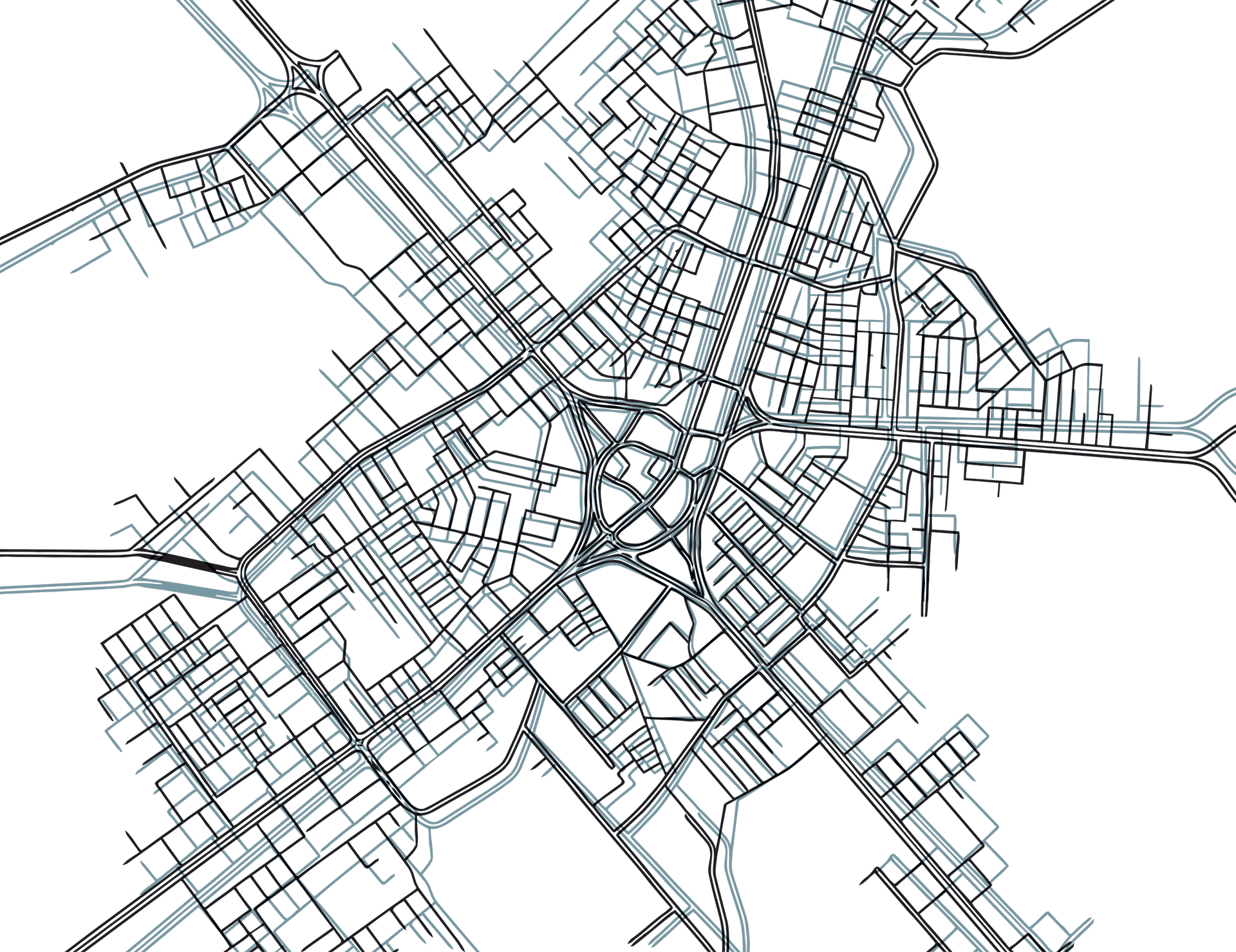 Detailed urban city street map with roads and intersections on a white background