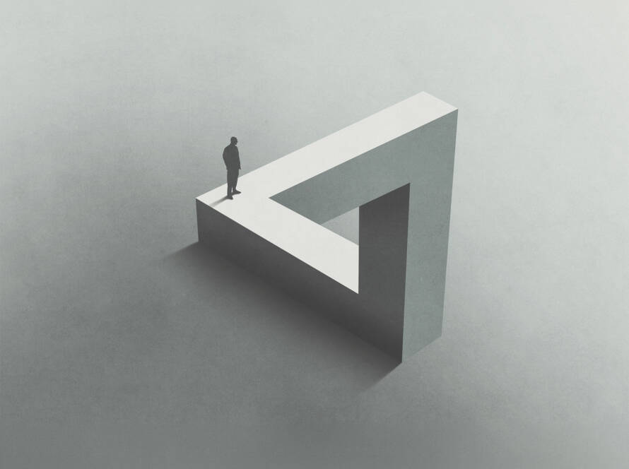 Illustration of man walking on Penrose triangle