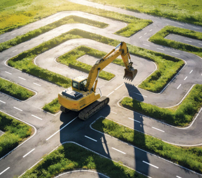 Excavator in a road maze
