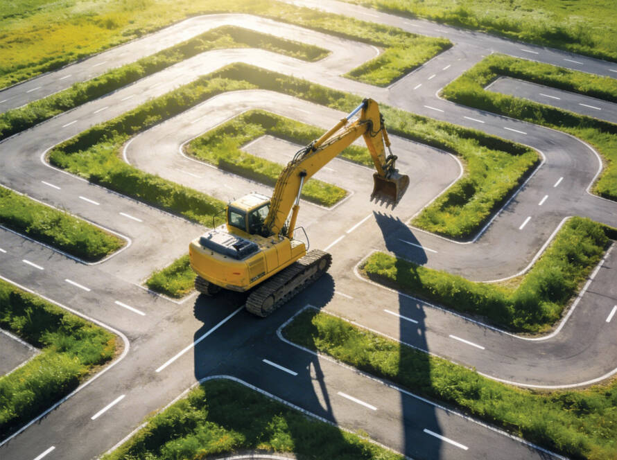 Excavator in a road maze